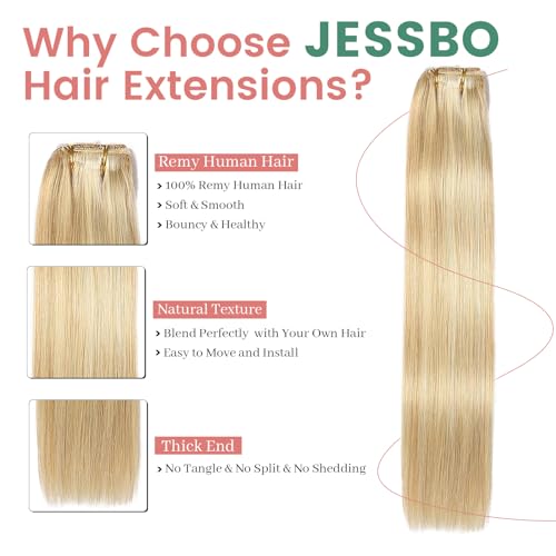 JESSBO Clip in Hair Extensions Real Human Hair 18 Inch 120g 7pcs Ash Blonde Highlighted Bleach Blonde Seamless Invisible Double Weft Natural Straight Hair Extensions for Woman (#P18/613)