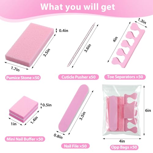 50 Sets Disposable Pedicure Kit Individually Package 5 in 1 Pedicure Tools Pumice Stone Nail File 80/100 Grit Mini Buffer Toe Separator Cuticle Pusher Clear Bag for Salon Home(Pink)