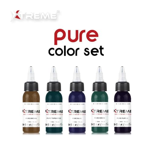 Xtreme Ink 5 Pure Color Set 1/2oz - Elevate Tattoo Art with Pure Blue, Green, Turquoise, Purple, and Brown Inks - Concentrated Tattoo Ink Collection for Stunning Designs (Set of 5, 1/2 oz)