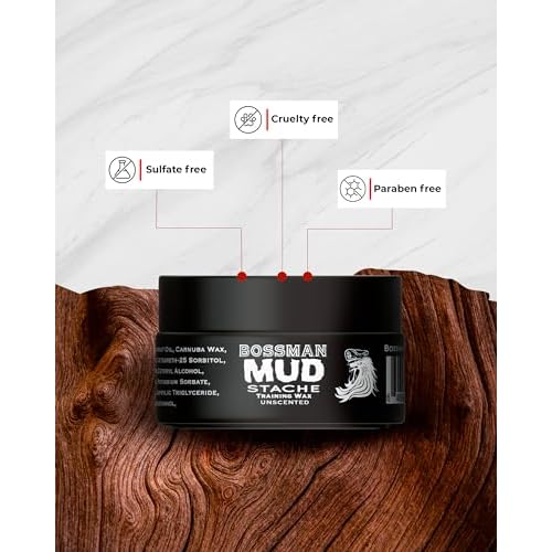 Bossman MUDstache Mustache Wax for Men + Acetate Folding Mustache & Beard Comb ? Unscented Styling and Grooming Kit