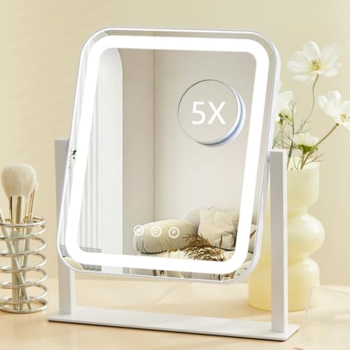 HIEEY Vanity Mirror with Lights, Makeup Mirror with Lights, Three Color Lighting Modes, and 5X Magnification Mirror, Smart Touch Control, 360¡ÆRotation (14.1" x 12" White,Gift Box)