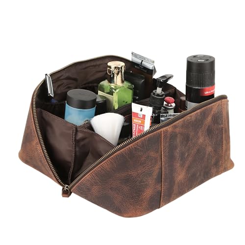 KomalC Luxury Leather Men¡¯s Toiletry Travel Bag ? Handmade Shaving Kit with Waterproof Interior, Spacious Storage & Carry Handle ? leather travel Kit Bag for Men & Women