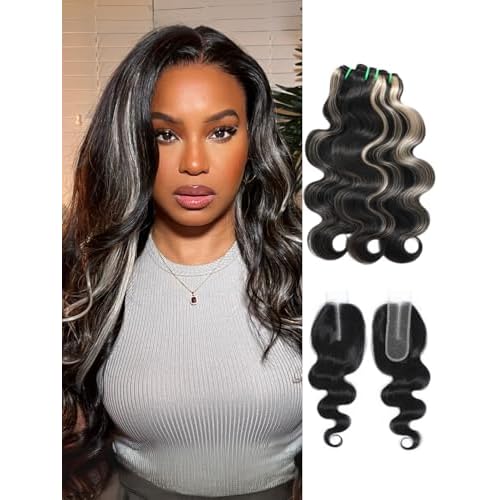 Black With Platinum Blond Highlight Bundles and 2x6 HD Lace Closure Body Wave Human Hair, 12A Balayage Ombre Skunk Stripe 3 Bundle With Long Deep Part Natural Black 2x6 Kim K Closure 12 14 16+10