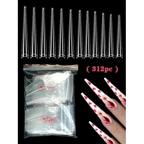 312PCS Extra Long Stiletto Nail Tips for Acrylic Nails Professional, 4XL Half Cover Stiletto Nails Tips, Clear French False Nail Extension, Super Long French Tapered Nails Tip 12 Sizes