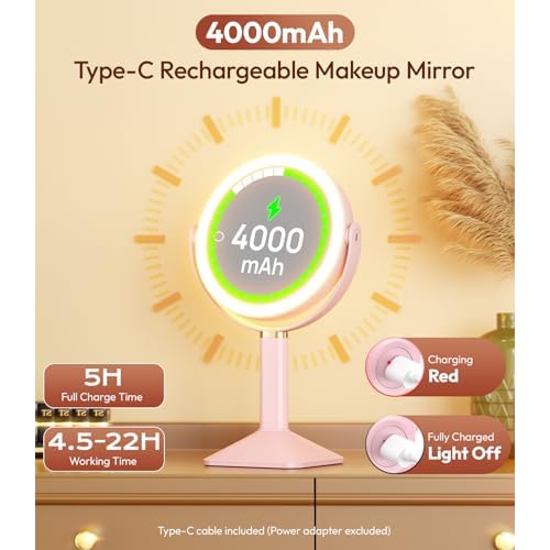 Lighted Makeup Mirror with Lights and Magnification 30X/1X, Height Adjustable 30X Magnifying Vanity Mirror with 4000mAh Battery & 3 Colors Dimming Light for Desktop Bathroom Bedroom (Pink)