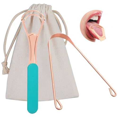 2Pcs Copper Tongue Scraper, Tongue Cleaner Set for Adults Kids, Stainless steel Wide Double Blades Oral Tongue Brush Cleaning Scrapping Sweeper for Fresh Breath and Mouth Hygiene Care with Travel Bag