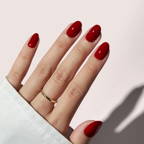BTArtbox Press On Nails Short - Red Press on Nails Short Oval Nails Fall Fake Nail with Nail Glue, Fit Perfectly, Reusable Glue On Nails in 16 Sizes, Cardinal