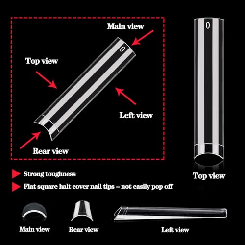 504 Pcs No C Curve Square Nail Tips, XXXL Half Cover Clear Nails Tips for Acrylic Nails, 3XL Straight Tapered Square Flattened Fake Nail Tips for Nail Salons and DIY 12 Sizes