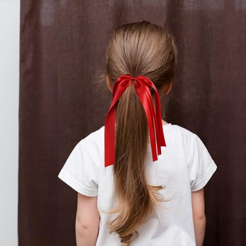 Red Ribbon Hair Ties Cheer Long Tassel Elastic Hairbands Handmade Girls Women Ponytail Holder Hair Accessories for Holiday Party