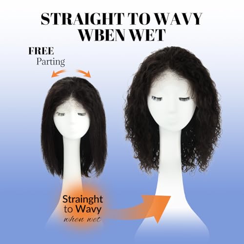 WORLDSTAR Lace Front Wigs Human Hair Water Wave Wigs for Black Women Curly Natural Black 14 Inch 120G Human Hair Wig Natural Baby Hair 100% Unprocessed Human Hair 13x4 Free-Style Parting (wig#B-533)