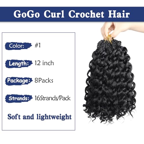 GoGo Curl Crochet Hair,12inch Pre Looped Water Wave Beach Curl Ocean Wave Crochet Braiding Hair,8pcs Box Braids Short Curly Crochet Hair for Black Women (12inch,#1B)