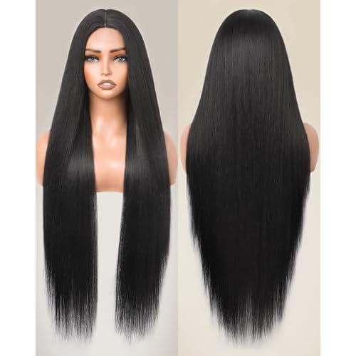 Long Straight Black Wigs for Women Glueless Synthetic Wig Middle Part 32 Inch