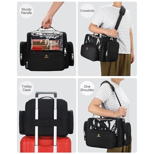 Makeup Brush Bag, Clear Makeup Brush Holder with Lid, Extra Large Capacity Travel Cosmetic Bag Makeup Artist Must Haves, Black Makeup Case, Make Up Organizers and Storage, with Adjustable Dividers