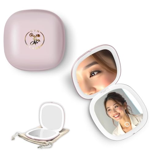 4" LED Compact Mirror ? 1x & 10x Magnification | Travel Makeup Mirror with Adjustable Lighting | Handheld & Pocket-Sized Portable Mirror with Protective Pouch (Pink)