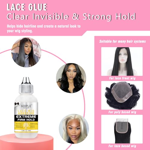 Wig Glue for Lace Front Wigs Lace Glue for Wig, Strong Hold Lace Glue for Lace Front Wig Lace Adhesive Hair Replacement with Remover, Wig Band, Hair Wax Stick, Edge Control Wig Installation Kit(10pcs)
