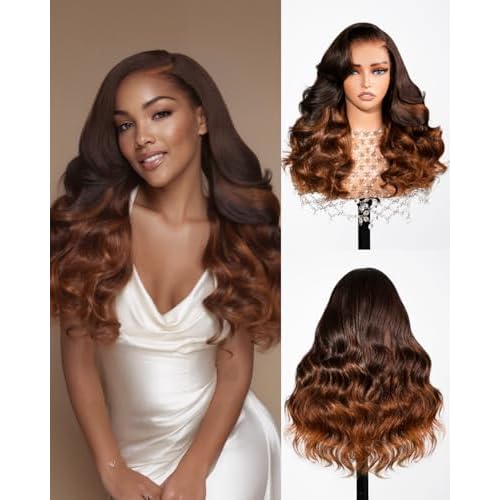 Arabella Pre Everything 13x6 Full Lace Body Wave Glueless Wig Human Hair Pre Plucked Pre Cut Omber Highlight Dark Brown 230% Density Lace Bleached Knots Ready to Go Wig 20 inch