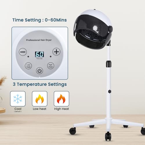 Hooded Hair Dryer, Professional Hood Dryer on Wheels, Sit Under Dryer, Standing Hair Dryer, White