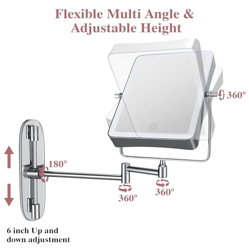 Wall Mounted Lighted Makeup Mirror, Rectangle Double Sided 1X/7X Magnifying Bathroom Height Adjustable Mirror, Rechargeable 3 Color and Dimmable Lights, Extended Arm 360 Rotation Shaving Vanity Mirror