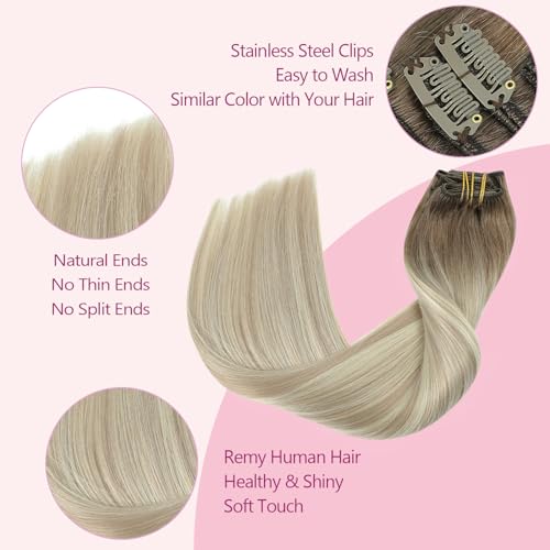 PINKPEARL Clip in Hair Extensions Real Human Hair, 16 Inch 120g 7pcs Human Hair Extensions Clip In, #8/60/18 Balayage Ash Brown to Platinum Blonde and Ash Blonde(#8/60/18-16)