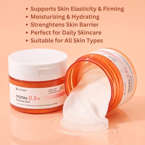 LEADERS PDRN 0.5% Essence Pad ? Firming & Moisturizing Face Pads for Sensitive Skin ? Anti-Aging, Help Skin Elasticity, Hydrating & Soothing Daily Skincare with Skin Barrier Support 135 ml - 70 Pads