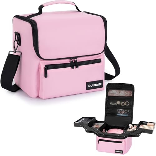 Makeup Travel Train Case, Black Makeup Carrying Organizer Bag, 4 Tier Professional Organizer Case with Straps Pockets for Make Up Tools