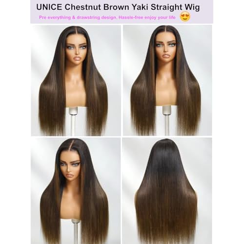 UNICE Chestnut Brown Ombre Yaki Straight 7x5 Pre Cut HD Lace Front Wigs Human Hair with Drawstring Bye Bye Knots Glueless Wig Pre Plucked Bleached Knots Natural Hairline 150% Density 18 inch