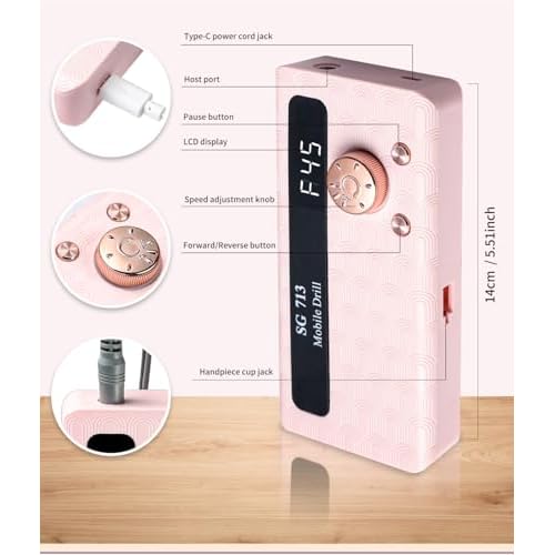 Electric Nail File Professional Kit - Professional 45000RPM Portable Nails Drills Kit with 11 Bits & Base LED Screen Cordless E Filer for Gel Acrylic Nails Remover Home Salon Manicure Pedicure Tools