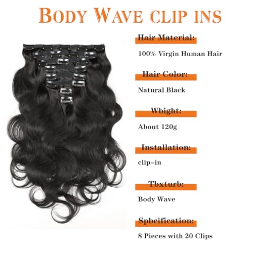 Body Wave Clip Ins Human Hair 8Pcs/Set 120 Gram Body Wave Clip in Hair Extensions 10A Brazilian Virgin Human Hair for Black Women Natural Black Color 24 Inch