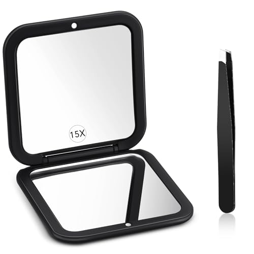 Geetery Travel Compact Magnifying Mirror with Tweezers, 1X/15X Magnification, 3.35'' x 3.35'' Pocket Size, Folding Makeup Mirror, Portable for Travel and Purses (Black)