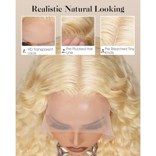 613 13x6 Lace Front Wig Human Hair 20 inch Blonde Deep Wave Wig 100% Real Human Hair 220 Density 613 HD Transparent Lace Frontal Wig No Synthetic Blend Wet and Wavy Curly Wig Triple Lifespan
