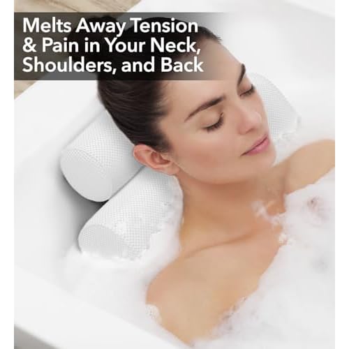 Everlasting Comfort Luxury Bath Pillows for Tub with Head and Neck Support - Non-Slip Bathtub Pillow with Suction Cups, Quick-Drying Mesh & Drying Hook - Jacuzzi & Spa Accessories for Women - White
