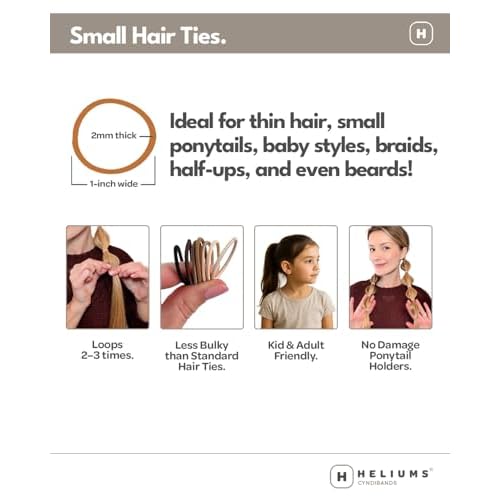 Heliums Small Hair Ties - Black - No Damage Mini 1 Inch Reusable 2mm Elastics for Thin Hair and Kids, Neutral Ponytail Holders - 48 Count