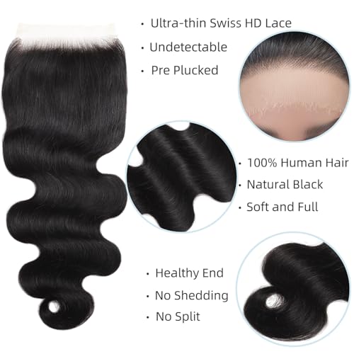 5x5 SKINLIKE 100% Real HD Lace Closure Body Wave Human Hair Closure 0.095mm Ultra-thin Invisible Swiss HD Lace Closure Pre Plucked Small Single Knots Brazilian Virgin Human Hair Closure 20inch