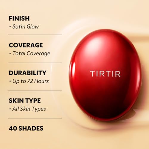 TIRTIR Mask Fit Red Cushion Foundation | Full coverage, Weightless, Skin fit, Satin Glow Finish, Korean Makeup BB Foundation, beauty, Tattoo cover up, Buildable (#21N Ivory, 0.63 Fl Oz)