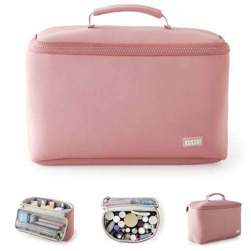 KUSSHI Neoprene Train Case Makeup Bag - Washable Makeup Travel Bag & Vanity Case for Stress Free Travel (Large, Mauve/Stone)