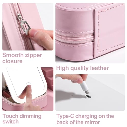 BS-MALL Travel Cosmetic Mirror Case LED Makeup Mirror Storage Case for Eyelash Station Brushes Cosmetic Tools Pink On-the-go Makeup Needs (Pink)