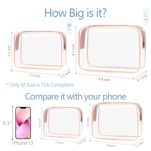 PACKISM TSA Approved Toiletry Bag - Clear Makeup Bags in 2 Size, Durable with Supporting Frame, Perfect for Travel Essentials, Carry-on Airport Airline Compliant Bag, Rose Pink