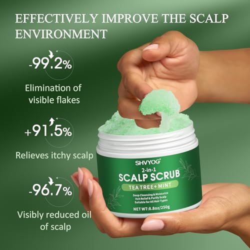 SHVYOG Scalp Scrub, Tea Tree & Coconut Oil Exfoliator Scrub for Itchy Scalp, Anti-Dandruff Detox Clarifying Exfoliator Shampoo with Sea Salt, Scalp Treatment with Scalp Scrubber