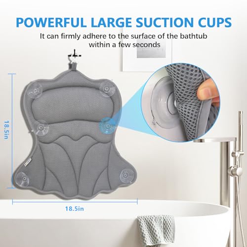 REEZEIVI Bath Pillows for Tub,Bath Pillow with 6 Non-Slip Suction Cups,Soft 4D Mesh Fabric,Bathtub Pillows for Tub Neck and Back Support,Extra Thick Luxury Bathtub Pillows,Grey