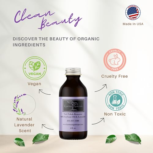 Karma Organic Nail Polish Remover with Soybean Oil and Lavender Oil- Non Toxic, Vegan, Cruelty Free, Acetone Free ? Nails Strengthener for Fingernails ? 4 fl. Oz