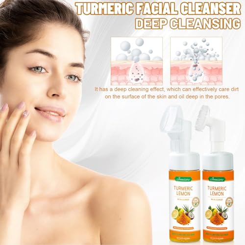 2 Pack Turmeric Lemon Face Wash with Brush, Vitamin C Foaming Facial Cleanser, Turmeric Soap Lemon Soap Deep Clean with Coconut Oil, Foaming Facial Cleanser for All Skin, 150g/5.07 FL Oz x2