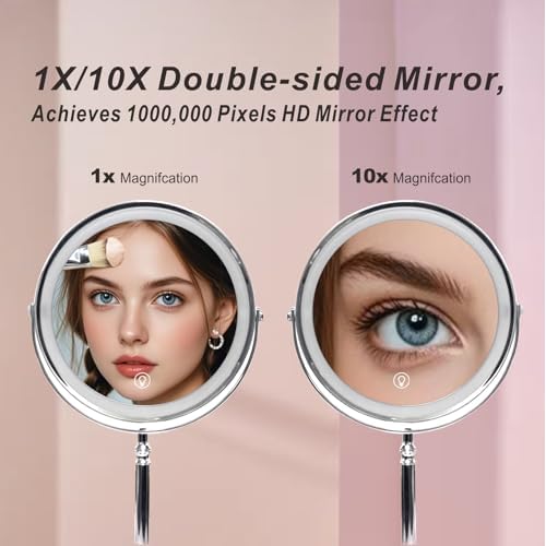Makeup Mirror with Lights £¬8 Inch 1X/10X Rechargeable Double Sided Magnifying , 360¡Æ Rotation LED HD Mirror with 3 Colors£¬Brightness Adjustable, Ideal for Daily Skincare and Professional Makeup