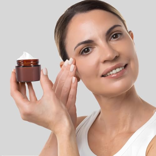 48 Pack 2oz Amber Glass Jars with Lids, Airtight Small Containers with Liners Lid for Cosmetics, Crams, Lotions Powder, Onitments Candle Making, DIY | Leak-Proof, Reusable