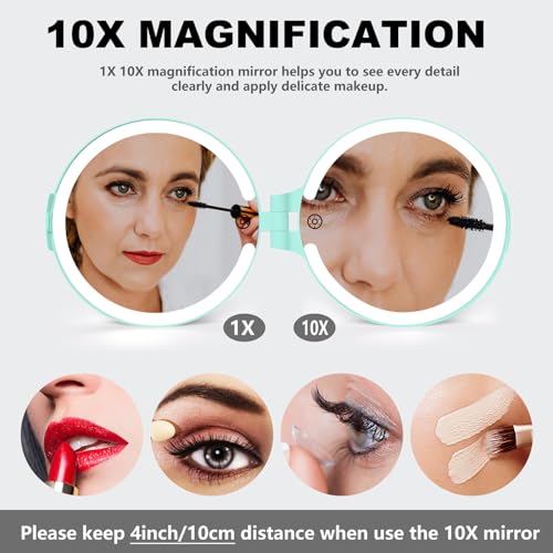 VANRIOS 6.3 Inch Rechargeable Folding 10x Magnification Double Sided Makeup Mirror with Lights, Portable Travel Mirror for Women with Nearsightedness | Travel Essentials for Women
