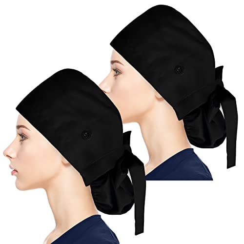 Fesciory Adjustable Working Caps with Button & Sweatband, Women Ponytail Pouch Hats, Long Hair