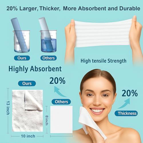 3D Nonwoven Face Towels-XL 13¡±x10¡±, 50Cts=150 Uses, Cut Waste & Cost 70%, Ultra-Clean, Soft & Durable, Dual-Surface: Cleanse, Exfoliate, Includes Wash Bag & Hook