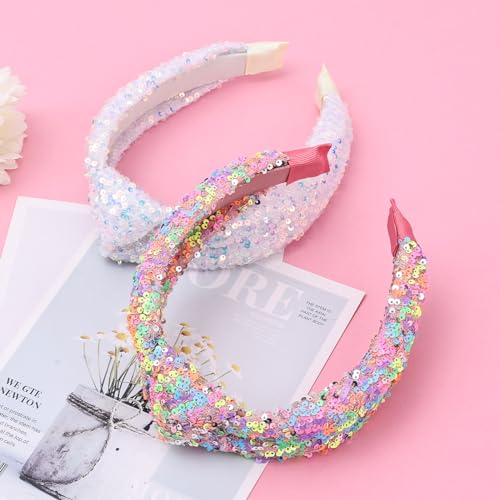 JOEYTECH Sequin Knot Headbands,Rainbow Sparkly Knotted Hair Bands, Glitter Velvet Wide Headband,Iridescent Sequined Hairbands,Fashion Headware,Girls Accessories for Costume Decorations