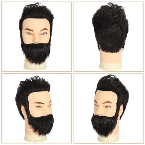 Male Mannequin Head with Beard 100% Human Hair Haircut Manikin Head for Cosmetology Straight Thick Hair Doll Head with Human Hair with Stand Practice Cutting Styling