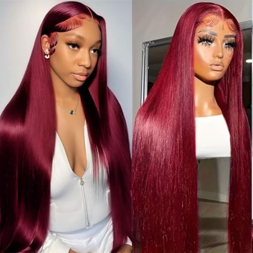 LICHANG 32 Inch 99J Straight Lace Front Wigs Human Hair Red Colored Wig Pre Plucked with Baby Hair for Black Women, 13x6 Burgundy Lace Frontal Wig Brazilian Virgin Human Hair Glueless