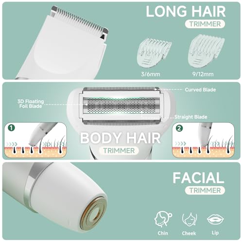 Bikini Trimmer for Women, 3 in 1 Electric Shaver for Womens,Painless Personal Body Hair Groomer,Smooth Hair Trimmer for Legs Body Facial Hair, IPX7 Waterproof